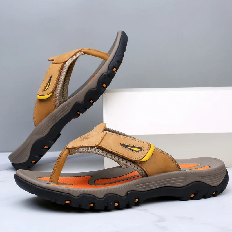 Men Sport Thong Slippers Genuine Leather Upper Adjustable Hook Loop Shock Absorb Anti Slip MD Sole Daily Beach Casual Flip Flops