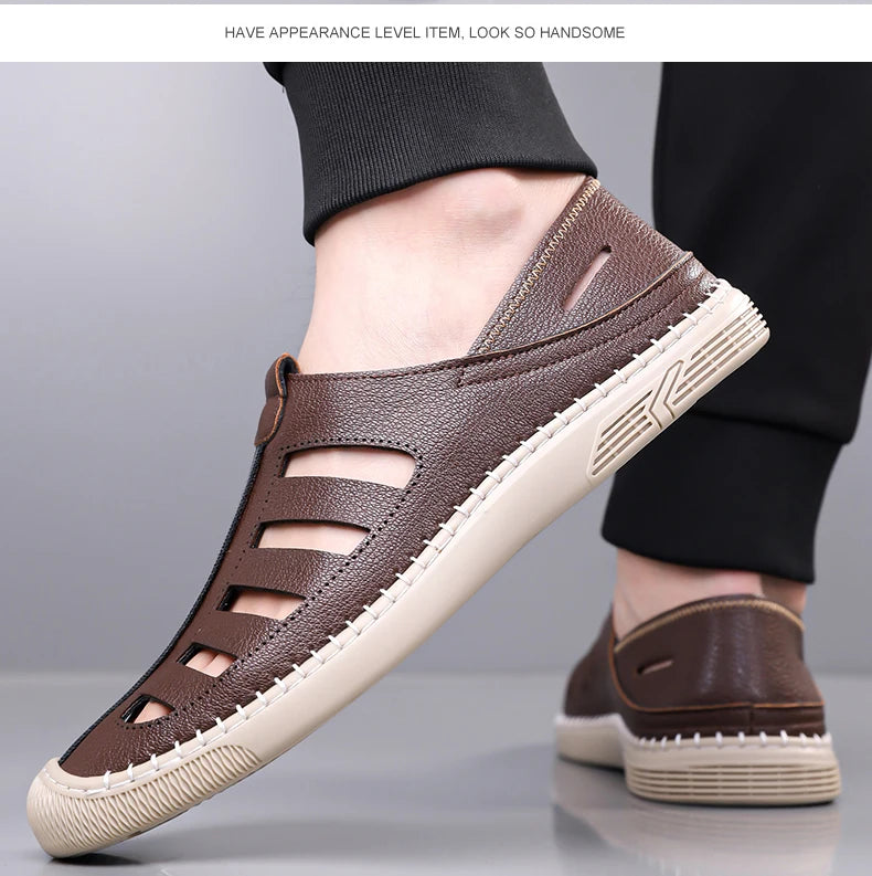 Outdoor Men Summer Sandals Breathable Hollow Leisure Anti Slip Leather Beach Shoes Fashionable Man Comfortable Hole Shoes