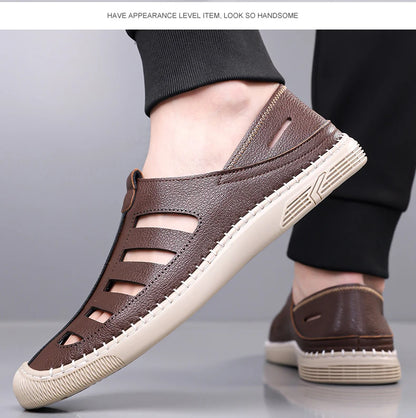 Outdoor Men Summer Sandals Breathable Hollow Leisure Anti Slip Leather Beach Shoes Fashionable Man Comfortable Hole Shoes