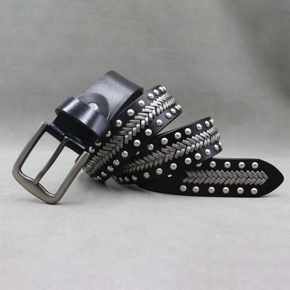 Designer Brand Belt Men Rivet Real Leather Pin Belt Male Black Rock Genuine Leather Cowhide Luxury Punk Belt Jeans