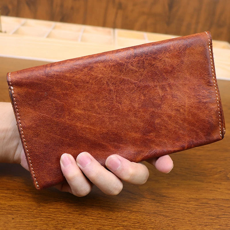 Large Capacity Men Wallet Vintage Genuine Cow Leather Handbag Card Holder Phone Pocket High Quality Handmade Male Money Clips