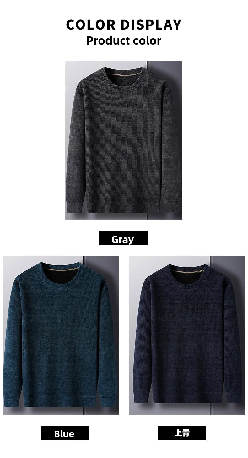 Fleece-Lined Knitted Pullover Sweater Casual Jumper for Men Insulated Warm Long Sleeve Thick Material Round Neck Design