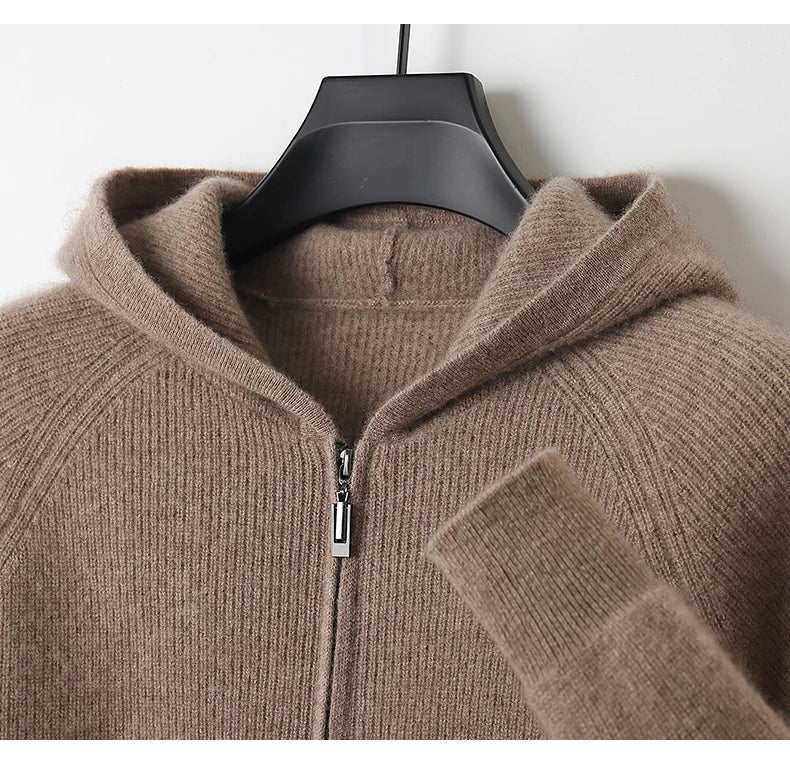 Men 100% Merino Wool Sweater Hooded Zipper Cardigan Autumn Winter Thickened Knit Large-size Jacket Long Sleeved Sportswear Coat