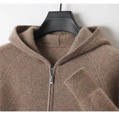 Men 100% Merino Wool Sweater Hooded Zipper Cardigan Autumn Winter Thickened Knit Large-size Jacket Long Sleeved Sportswear Coat