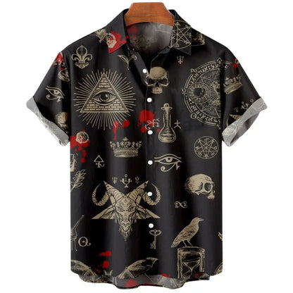 Summer New Retro Men's Shirt Devil Horror Skull Short Sleeve Shirt Collar 3D Printing