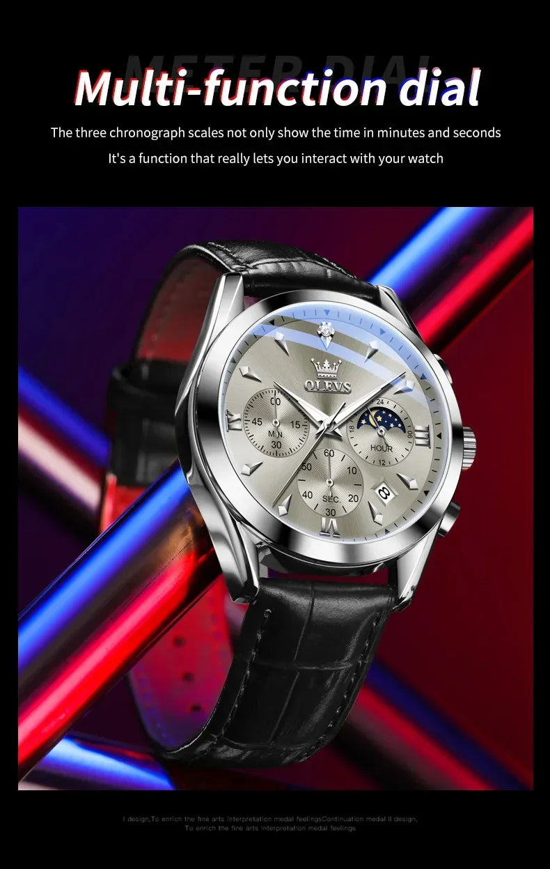 OLEVS 3609 Original Moon Phase Chronograph Watch for Men Leather Waterproof Luminous Luxury Quartz Mens Wristwatches Reloj Mujer