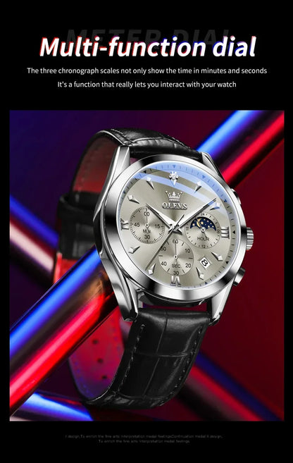 OLEVS 3609 Original Moon Phase Chronograph Watch for Men Leather Waterproof Luminous Luxury Quartz Mens Wristwatches Reloj Mujer
