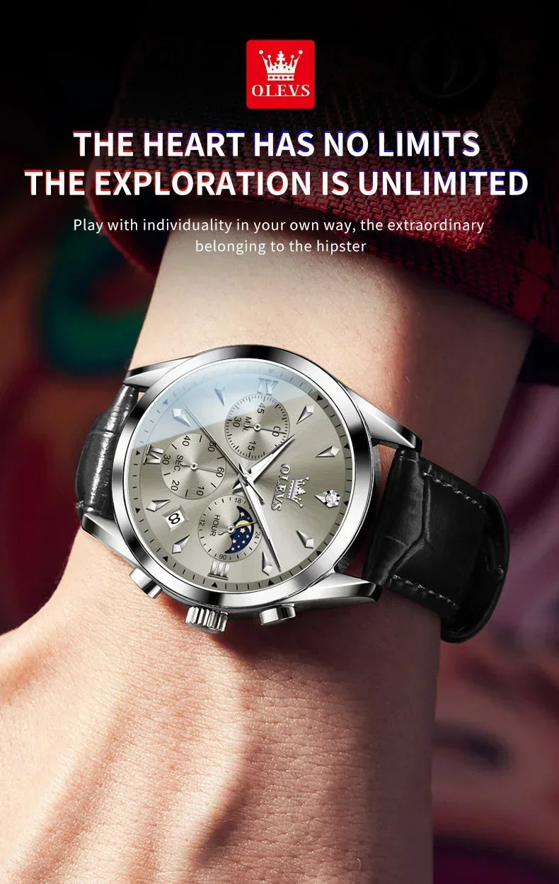 OLEVS 3609 Original Moon Phase Chronograph Watch for Men Leather Waterproof Luminous Luxury Quartz Mens Wristwatches Reloj Mujer
