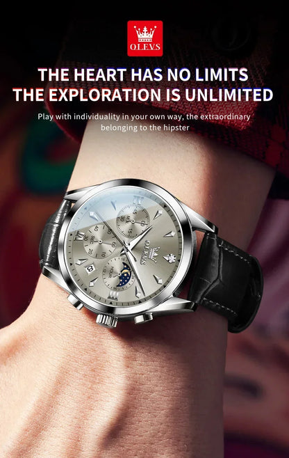 OLEVS 3609 Original Moon Phase Chronograph Watch for Men Leather Waterproof Luminous Luxury Quartz Mens Wristwatches Reloj Mujer
