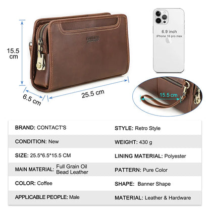 CONTACT'S Genuine Leather Handbag Men Vintage Small Cluth Bag 6 Card Holder iPad Mini Metal Lock Travel Business Pouch Bag