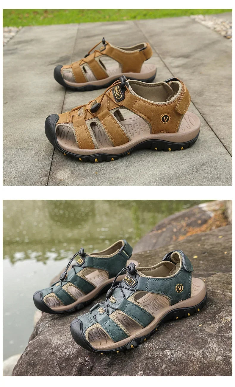 2026 New Men's Sandals Handmade Thick Bottom Rubber Breathable Casual Slip-On Beach Shoes Leather Upgraded Version