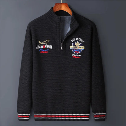 Men's Fleece Warm Half Zip Pullover Knitted Sweater Vintage Letter Print Cotton Coat Red/Black Winter Fashion