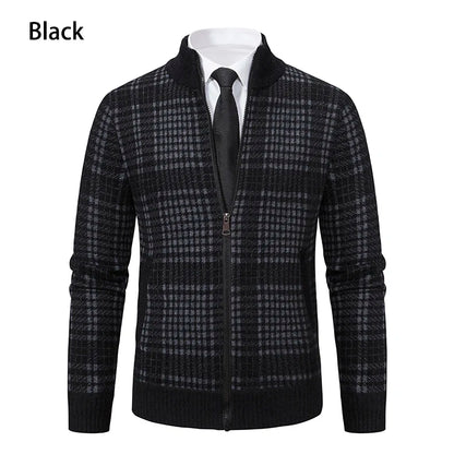 Mens Sweaters Jacket Full Zip Fleeced Sweater Cardigan Plaid Stand Collar Sweaters Coat Autumn Winter Homme Clothes