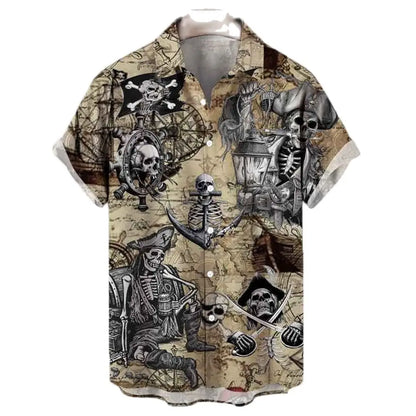 Men's Shirt Sailing Skull Print Shirts Hawaiian Fashion Casual Rock Print Plus Size Tops 2023 New Beach Men's Clothing Shirt