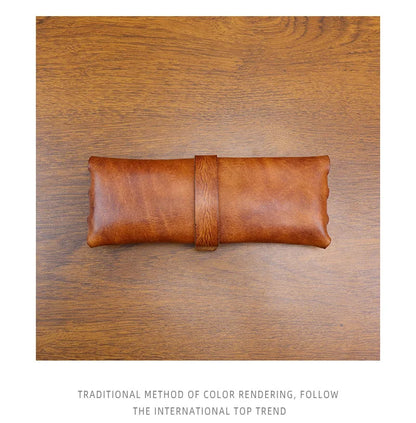Genuine Leather Men Pencil Bag Handmade Wallet Large Capacity Retro Glasses Storage Bag Stationery Pencil Case Unisex Purses