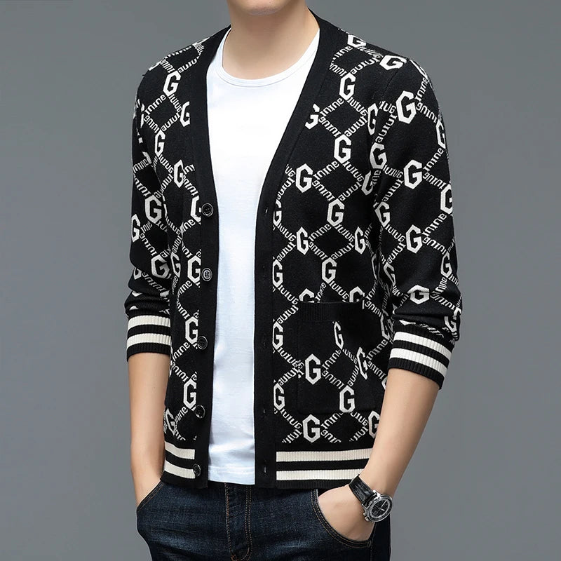 Autumn and Winter New Men's Trendy Brand Fashion Printed Top Long Sleeve Jacket Knitted Sweater for Men