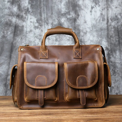 NZPJ Vintage Genuine Leather Men's Briefcase Crazy Horse  Handbag Natural Cowhide Travel Bag Casual Shoulder Crossbody Bag