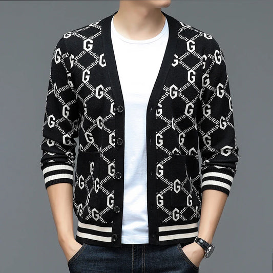Autumn and Winter New Men's Trendy Brand Fashion Printed Top Long Sleeve Jacket Knitted Sweater for Men