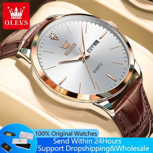 OLEVS 2935 Men Quartz Watch Dual Calendar Luminous Classic Business Watch For Men Fashion Original Waterproof Dress Wristwatch