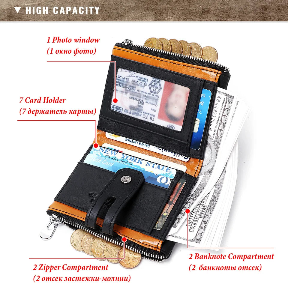 HUMERPAUL Genuine Leather Men's Wallet Fashion Quality Travel Purse Rfid Protect Credit Card Holder Wollst for Men with Chain