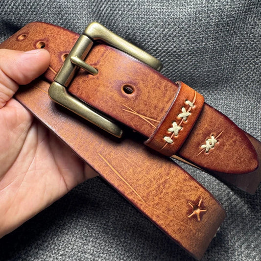 Extra Thick Genuine Leather Vintage Distressed Brass Pin Buckle Men's Belt Designer Lucky Tactical Personality Jeans Male Belt