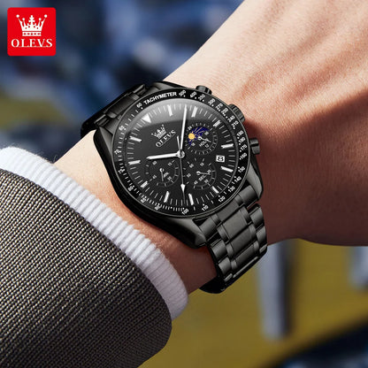 OLEVS 3618 Waterproof Luminous Date Moon Chronograph Wristwatches Mens Luxury Stainless Steel Quartz Watch for Men Reloj Hombre