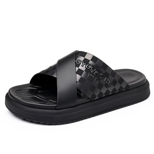 Summer New Fashion Outside Wear Slippers for Men Business Casual Black Leisure Genuine Leather Beach Shoes Slippers Man