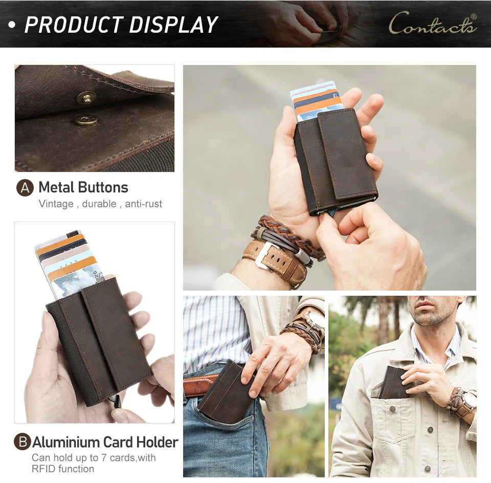 Genuine Leather RFID Card Wallets for Men Aluminium Box Travel Card Case Card Holders Money Clips Slim Casual Business Wallets