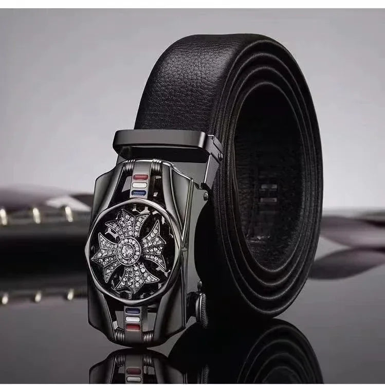 Mens Belt Material Metal Rotatable Buckle  Leather Belt High Quality Men Business Belt Golden Waist Buckle Rhinestone De
