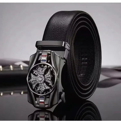 Mens Belt Material Metal Rotatable Buckle  Leather Belt High Quality Men Business Belt Golden Waist Buckle Rhinestone De