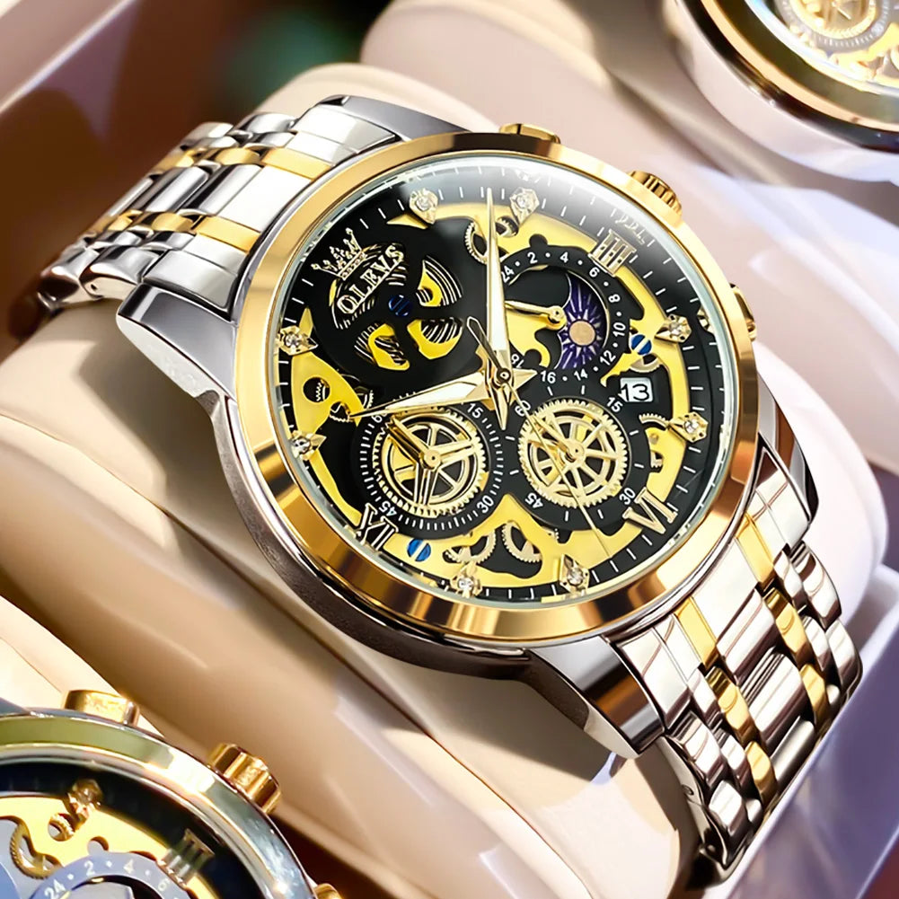 OLEVS 9947 Men's Watches Top Brand Luxury Original Waterproof Quartz Watch for Man Gold Skeleton Style 24 Hour Day Night New
