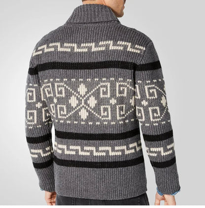 Men's Geometric Knit Cardigan Shawl Collar Full Zip-Up Tribal Print Sweater Chunky Ribbed Knit Vintage Navajo-Inspired Jacket