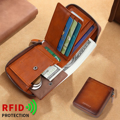 Wallet for men genuine leather zipper wallet, change card bag, all-in-one wallet, trendy short clip for men