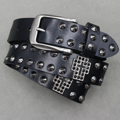 Designer Brand Belt Men Rivet Real Leather Pin Belt Male Black Rock Genuine Leather Cowhide Luxury Punk Belt Jeans