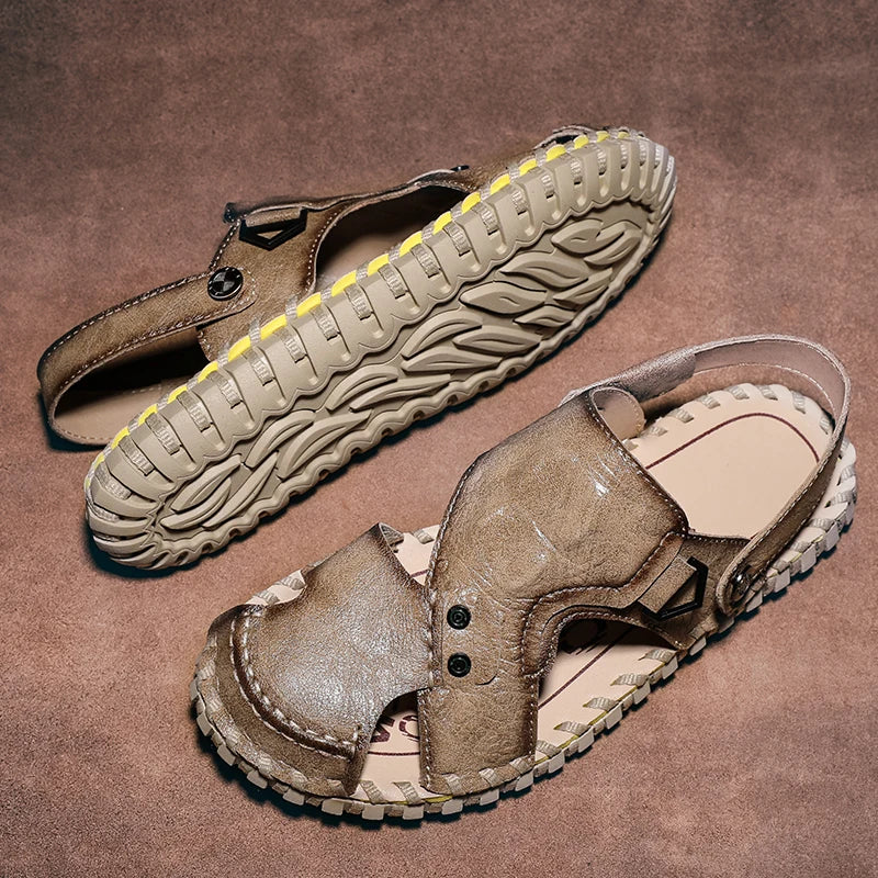 Handmade Men's Summer Sandals Genuine Leather Beach Rubber Flip Flops Classic Roman Male Sandals Outdoor Dual-Purpose Slippers