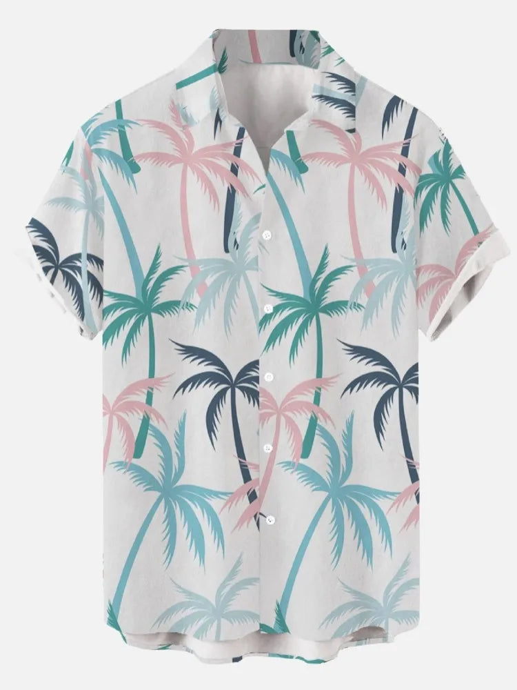 Hawaiian Men's Print Short  Sleeve Shirt Beach Coconut Tree Fashion Lapel Top 2025 New for Men Floral Clothes