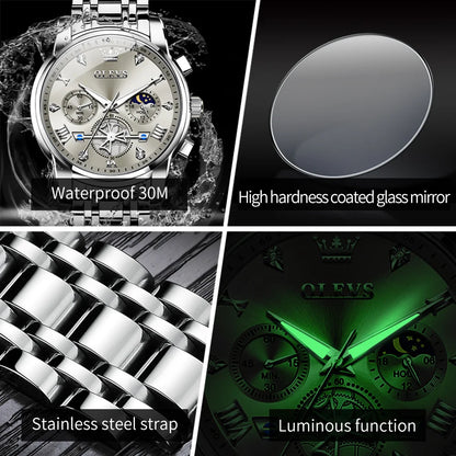 OLEVS Men's Watches Classic Multifunctional Flywheel Chronograph Original Quartz Wristwatch Moon Phase 24 Hour Waterproof Reloj