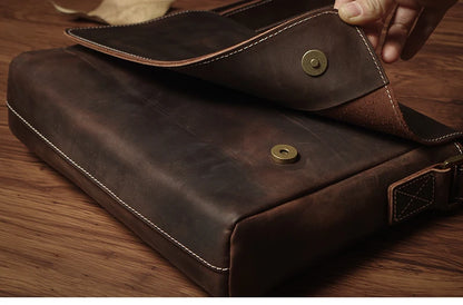 NUKA Men's Genuine Leather Shoulder Bag Retro Original Cowhide Horizontal Crossbody Deluxe Flap Messenger Bags For 11 Inch Ipad