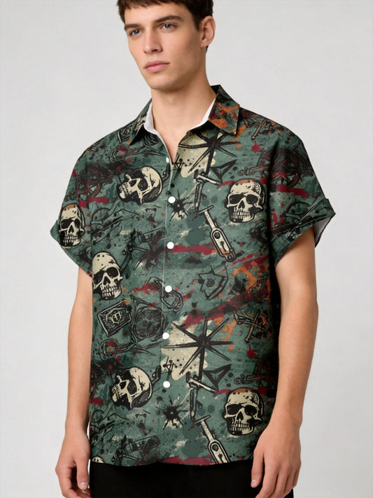 Summer Fun Skull Surfing Pattern 3D Printed Men's Shirt - Casual, Unique, Hip-Hop, Rock, Street Hawaiian Shirt