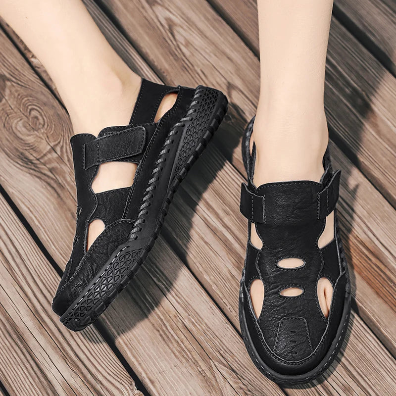 Male Casual Leather Summer Shoes Versatile Men's Sandals Durable Handmade Stitching Besch Shoes Non Slip Roma Footwear Sandals