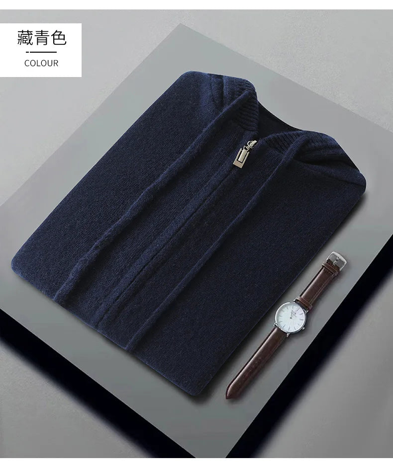 Autumn And Winter Men's 100% Pure Wool Cardigan Warm Zipper Hooded Casual Knitted Cashmere Coat