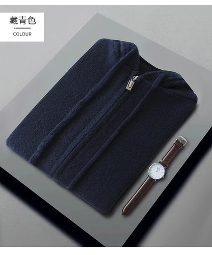 Autumn And Winter Men's 100% Pure Wool Cardigan Warm Zipper Hooded Casual Knitted Cashmere Coat