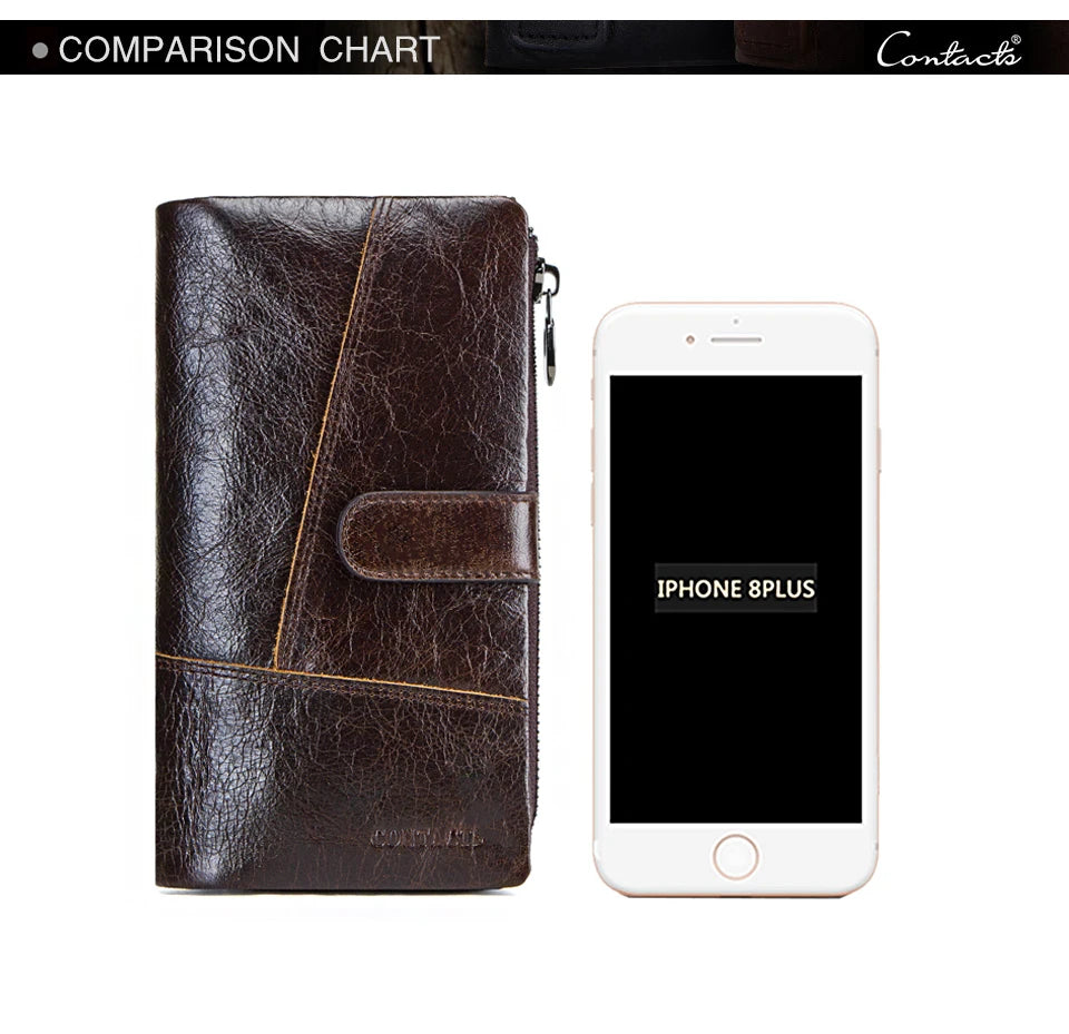 CONTACTS Genuine Leather Men Wallet Long Vintage Bifold Men's Wallet Zipper Coin Purses Large Capacity Money Clips Card Holder