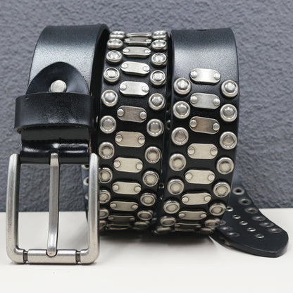 Rock Genuine Leather Luxury Punk Belt Jeans Heavy duty Hollow manual  Designer Brand Belt Men Rivet Three-pin buckle Belt Male