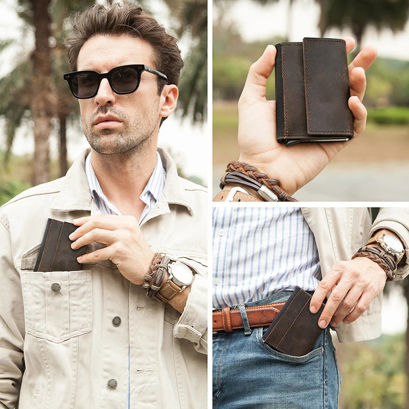 Genuine Leather RFID Card Wallets for Men Aluminium Box Travel Card Case Card Holders Money Clips Slim Casual Business Wallets