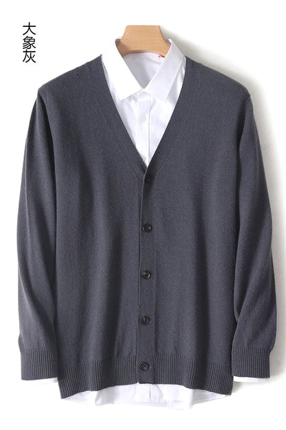 100% Pure Wool Sweater Autumn Winter New Men's Cardigan V-Neck Buckle Jacket Loose Casual Cashmere Knitted Sweater Long Sleeveds