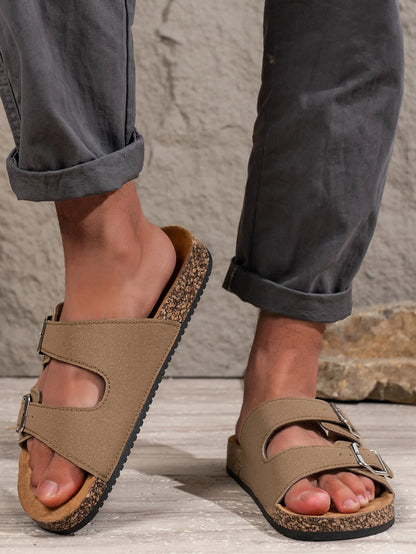 Men's Summer Simple Pu Upper Double-Bar Solid Color Flat Slip-On Sandals with Adjustable Buckle Beach Slippers