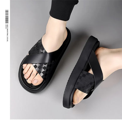 Summer New Fashion Outside Wear Slippers for Men Business Casual Black Leisure Genuine Leather Beach Shoes Slippers Man
