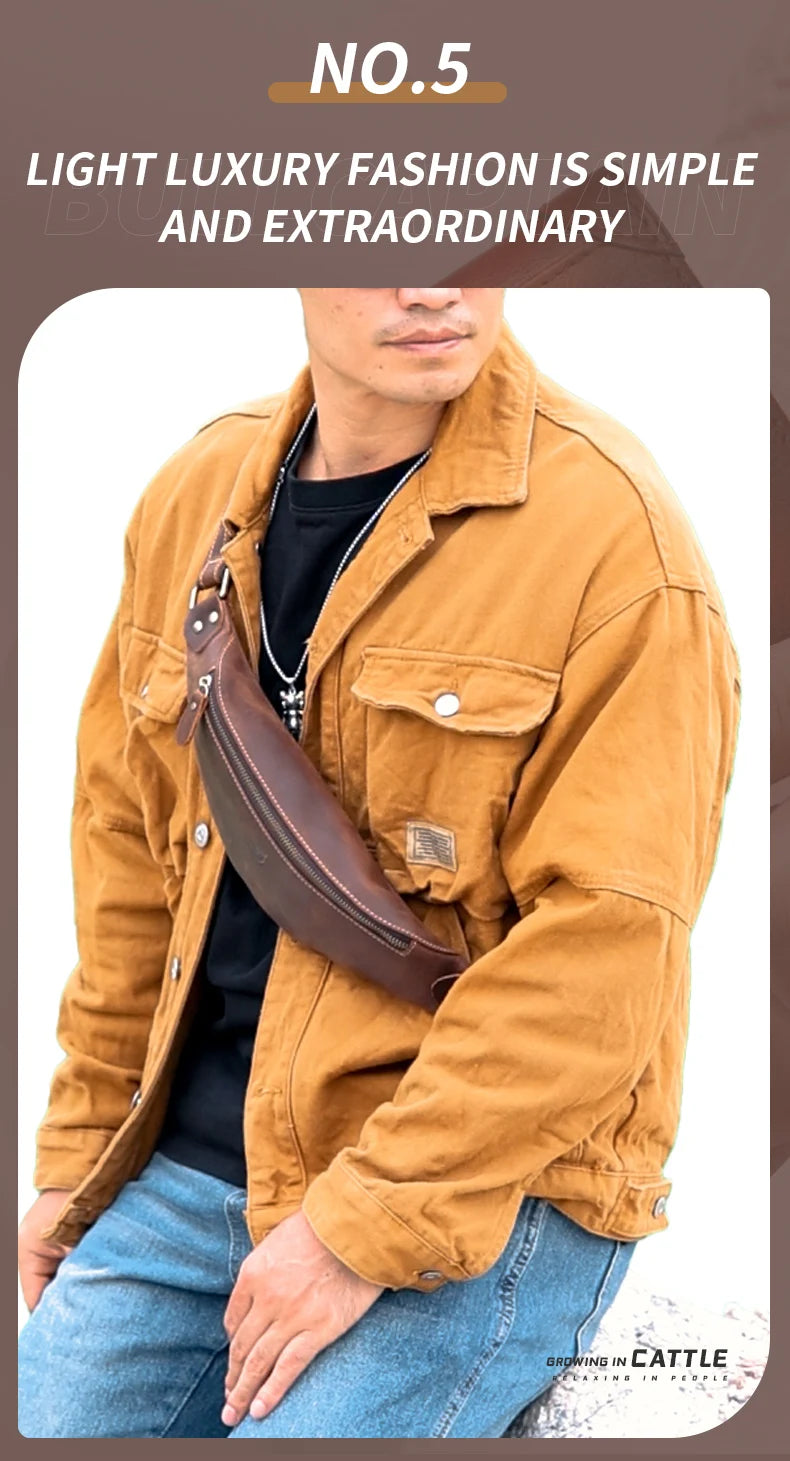 BULLCAPTAIN Men's Crazy Horse Leather Belt Bag Classic Retro Crossbody Bag Outdoor Storage Mountaineering Mobile Phone Bag