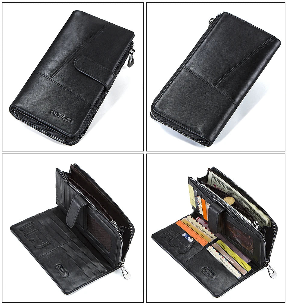 CONTACTS Genuine Leather Men Wallet Long Vintage Bifold Men's Wallet Zipper Coin Purses Large Capacity Money Clips Card Holder